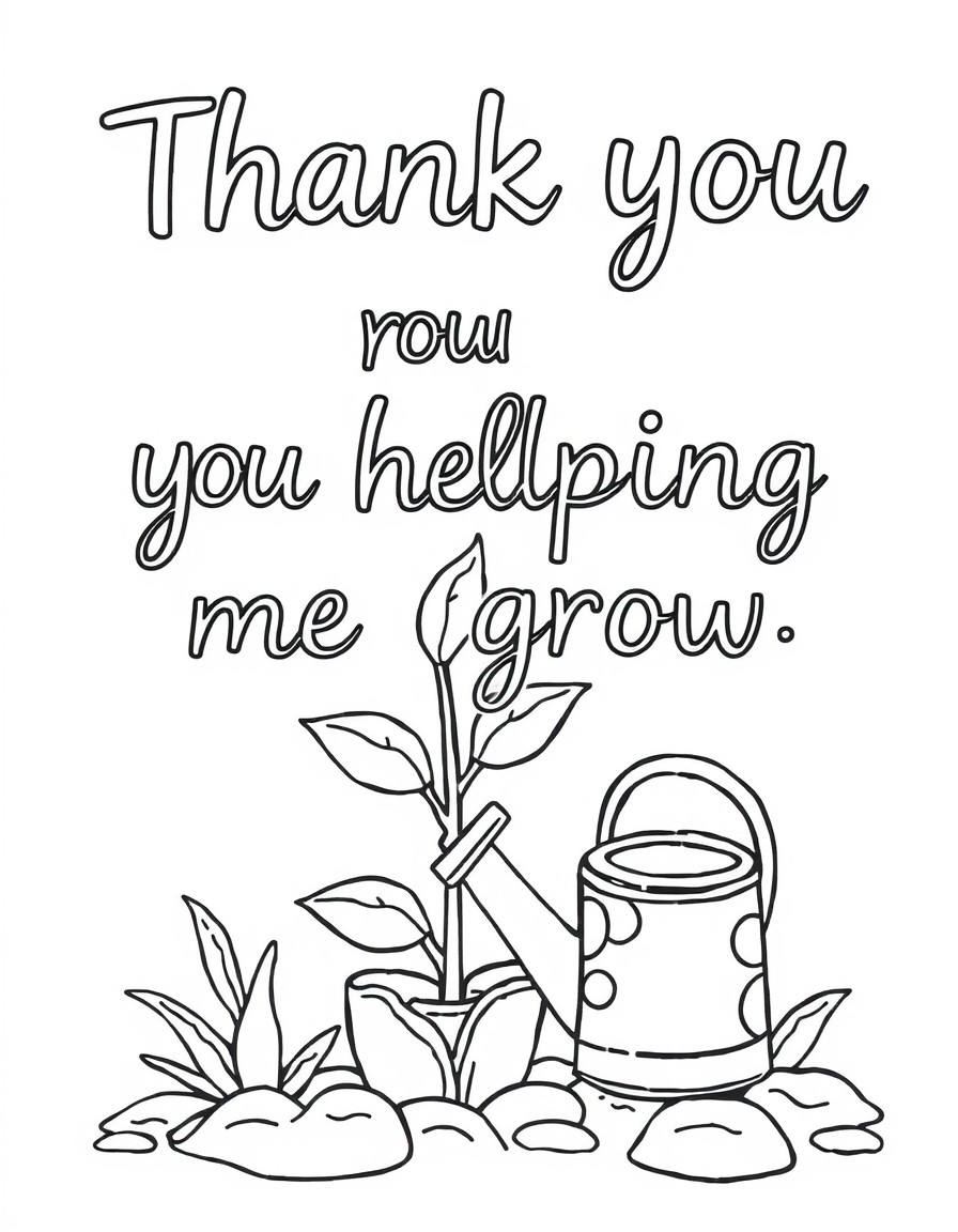 create a coloring in thank you card that says "Thank you for helping me grow", include a plant and a watering can