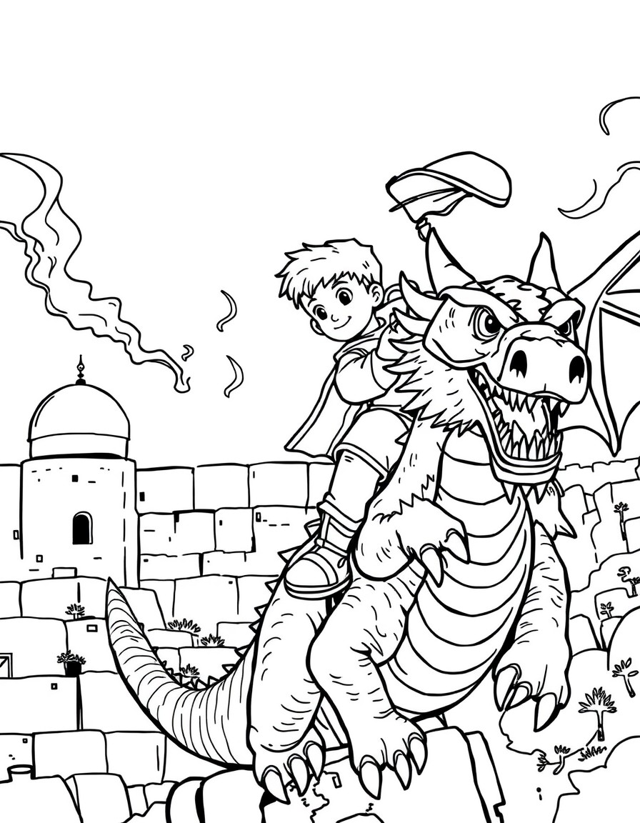 A boy with a cap and sideburns rides a fire-spitting dragon over the Western Wall in Jerusalem