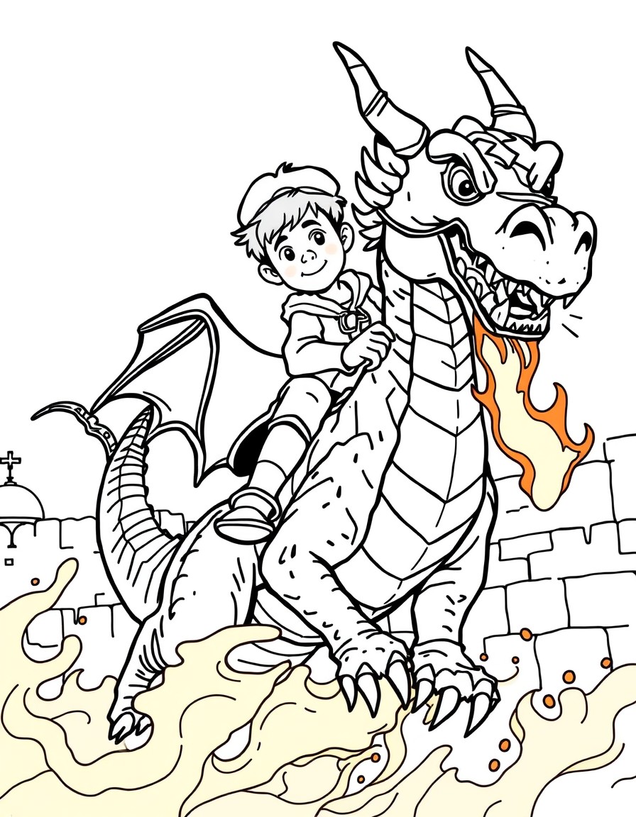 A boy with a cap and sideburns rides a fire-spitting dragon over the Western Wall in Jerusalem