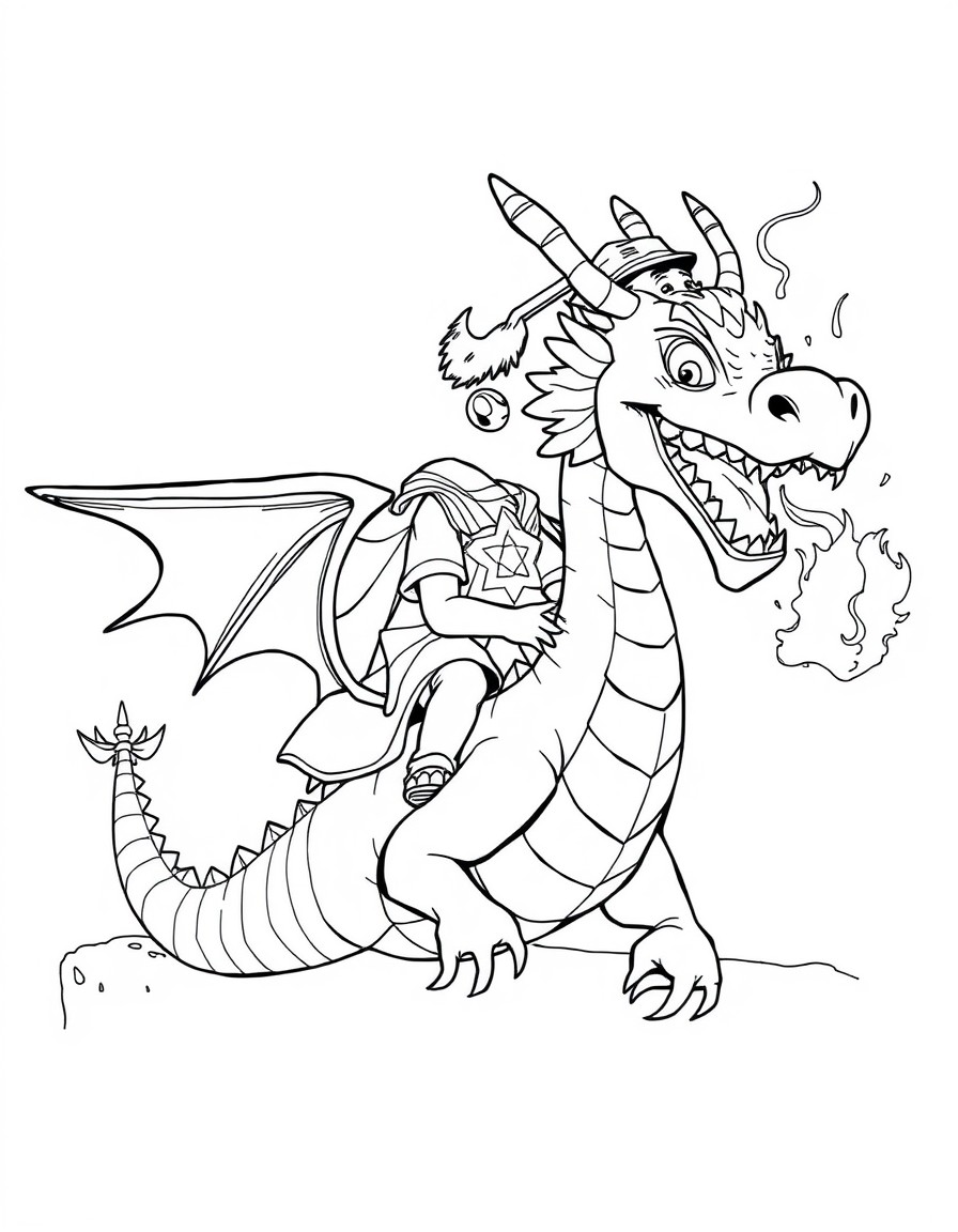 A boy with a cap and sideburns rides a fire-spitting dragon over the Western Wall in Jerusalem