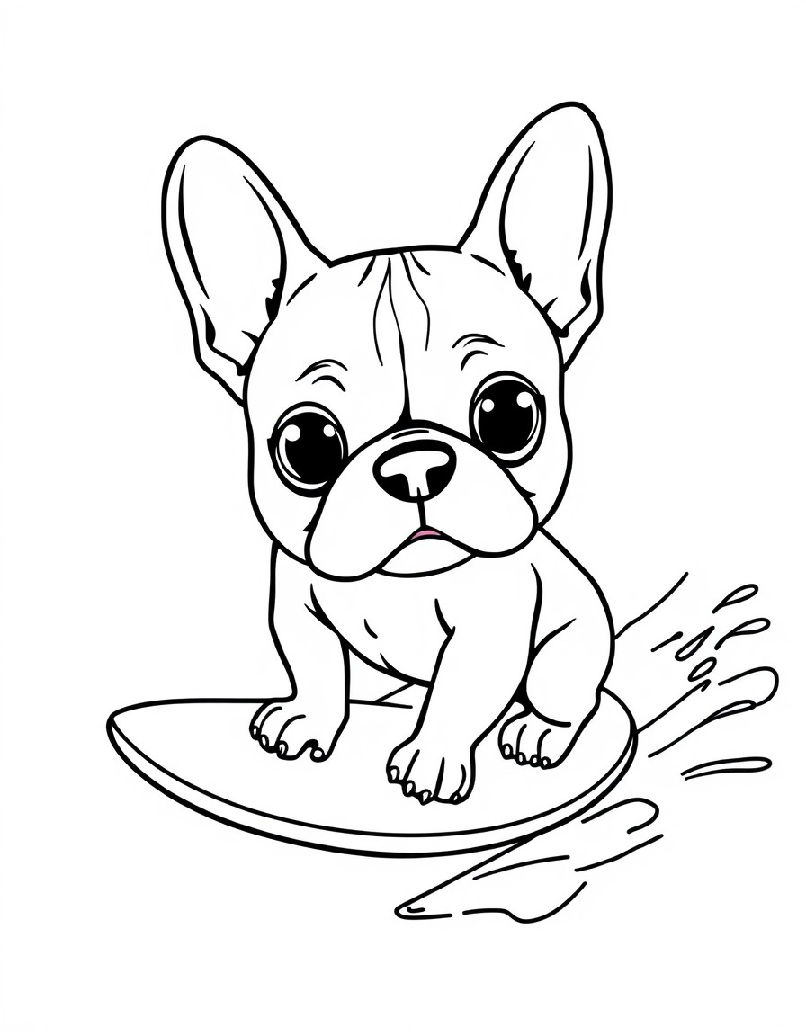 a cute french bulldog on a surfboard riding a wave