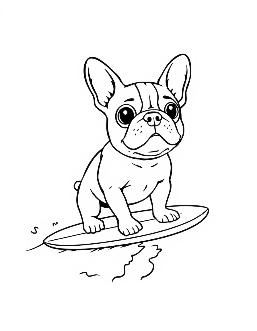 a cute french bulldog on a surfboard riding a wave