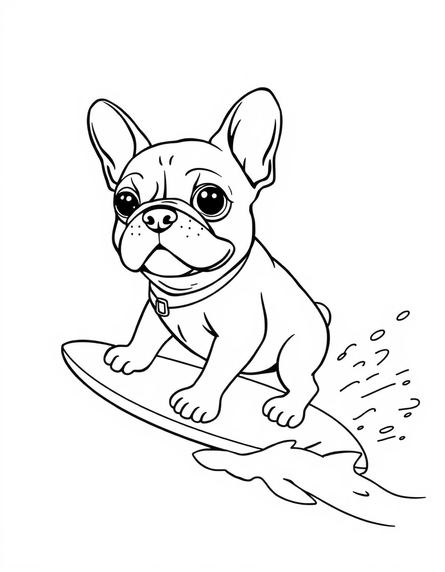 a cute french bulldog on a surfboard riding a wave