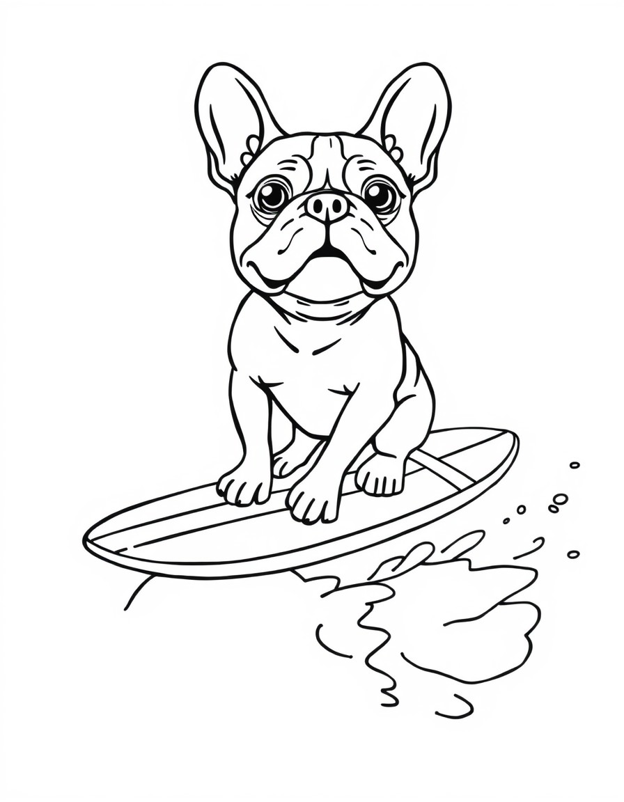 a cute french bulldog on a surfboard riding a wave