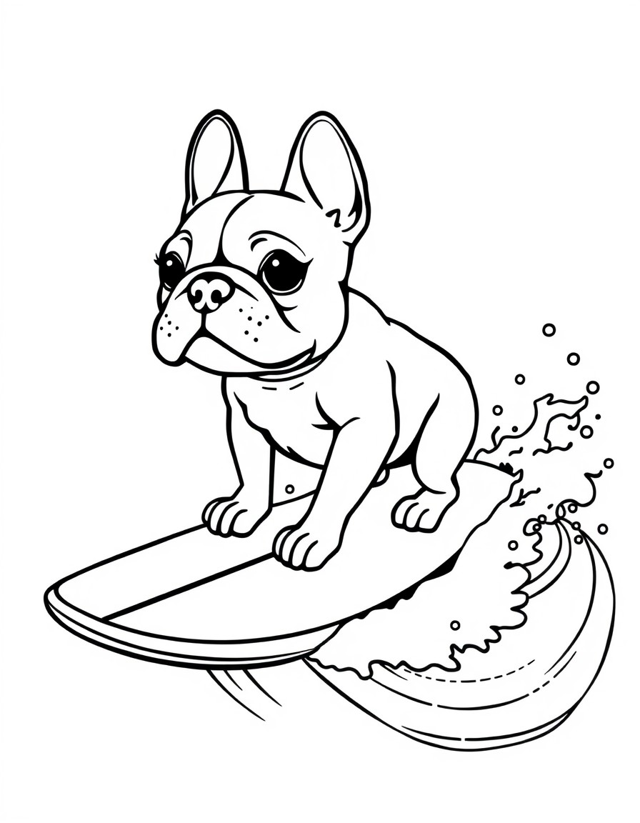 a cute french bulldog on a surfboard riding a large breaking wave