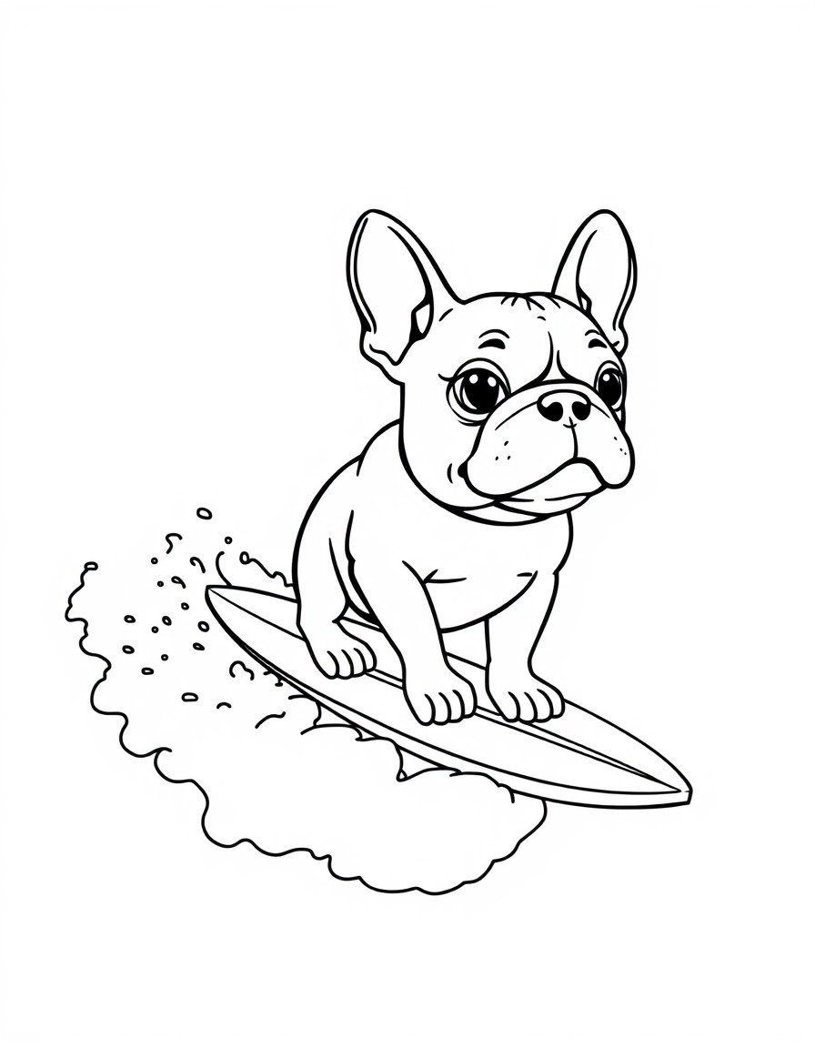 a cute french bulldog on a surfboard riding a large breaking wave