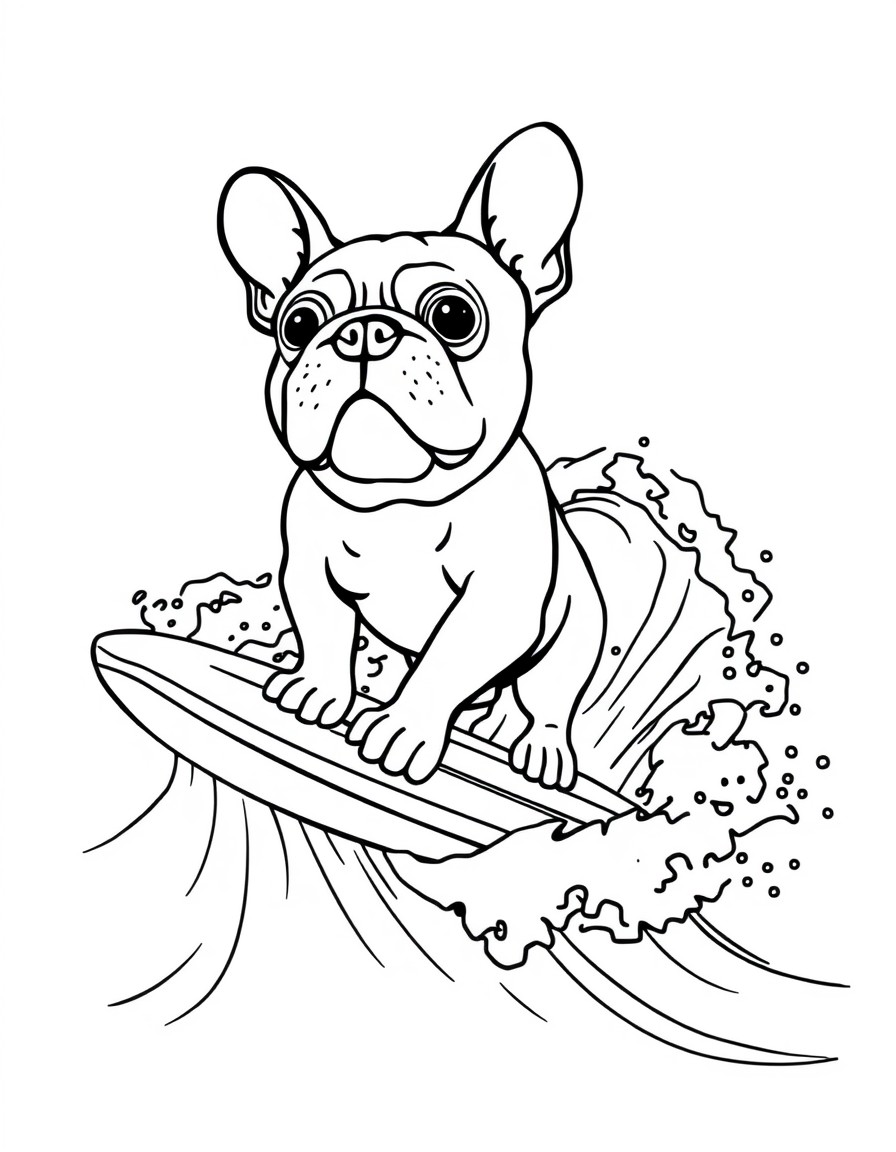 a cute french bulldog on a surfboard riding a large breaking wave