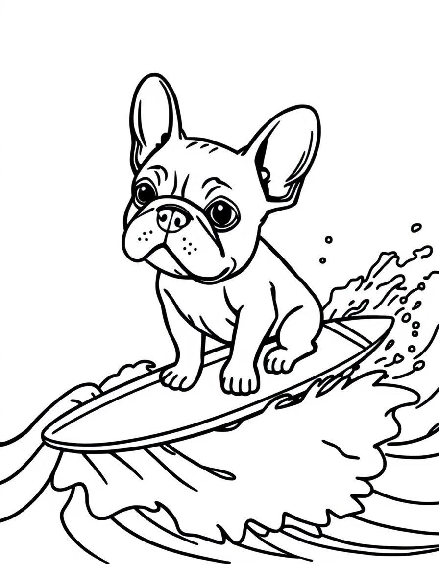 a cute french bulldog on a surfboard riding a large breaking wave