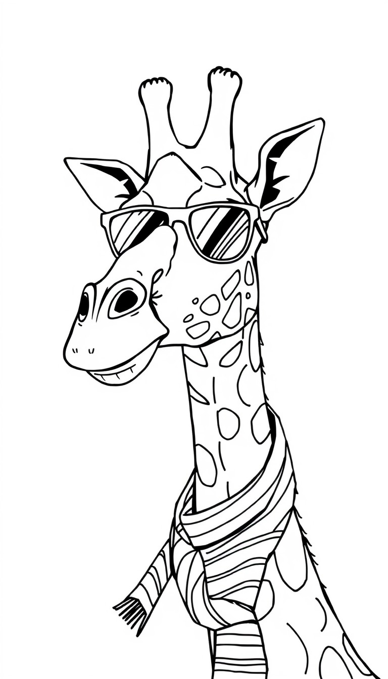 A funky giraffe wearing sunglasses and a striped scarf