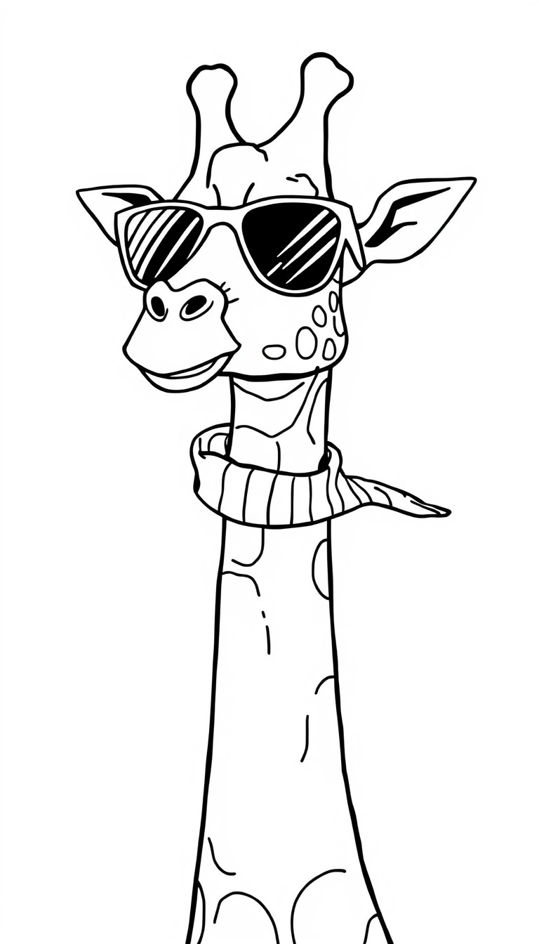 A funky giraffe wearing sunglasses and a striped scarf