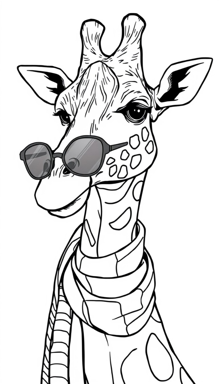 A funky giraffe wearing sunglasses and a striped scarf