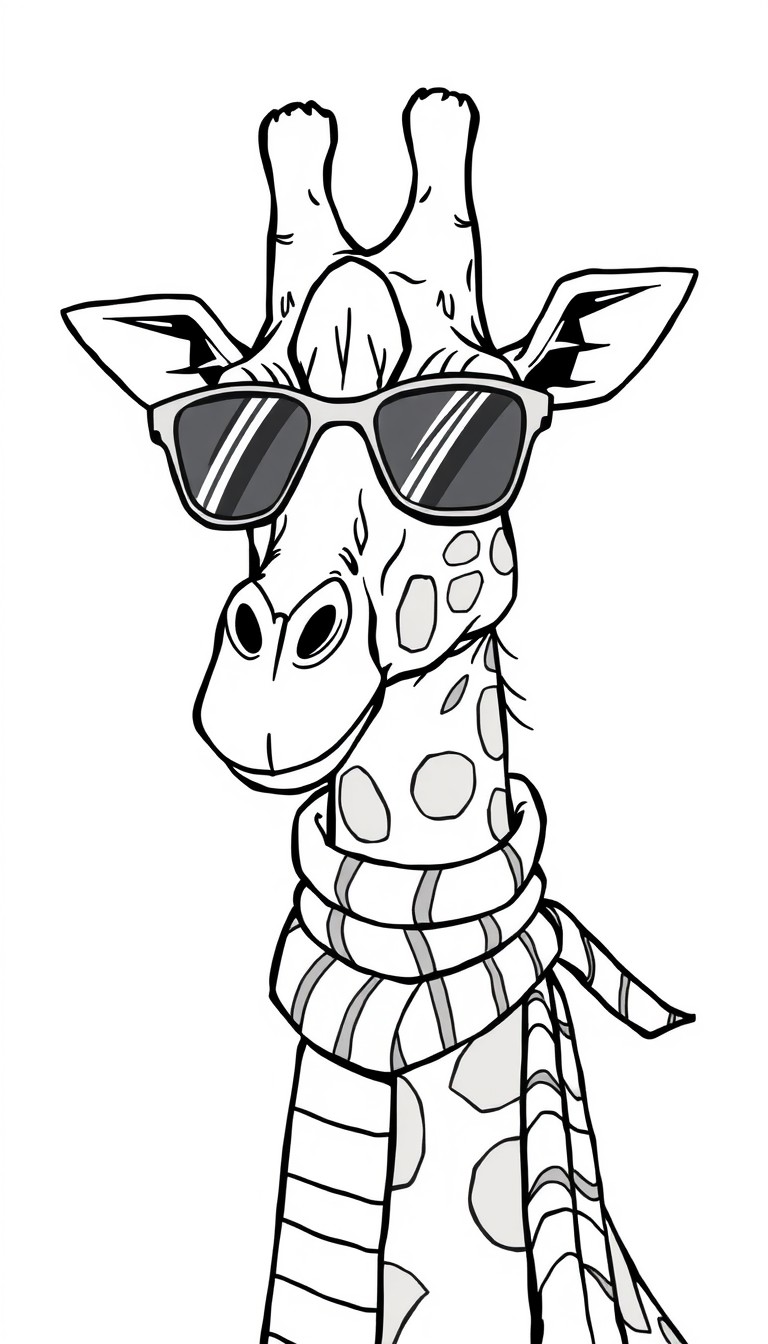 A funky giraffe wearing sunglasses and a striped scarf