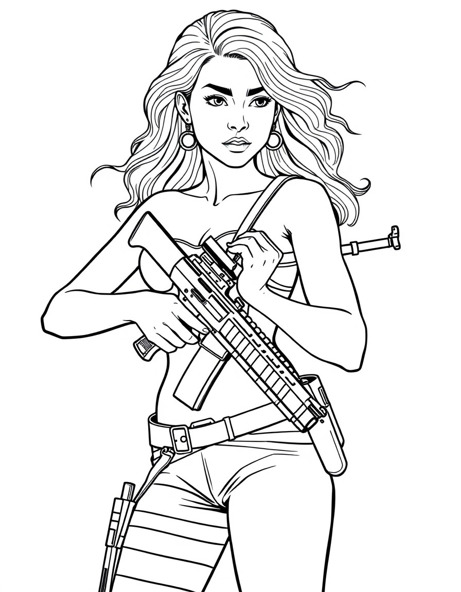 uma mulher peituda com uma cintura fina, segurando uma arma, para imprimir e colorir