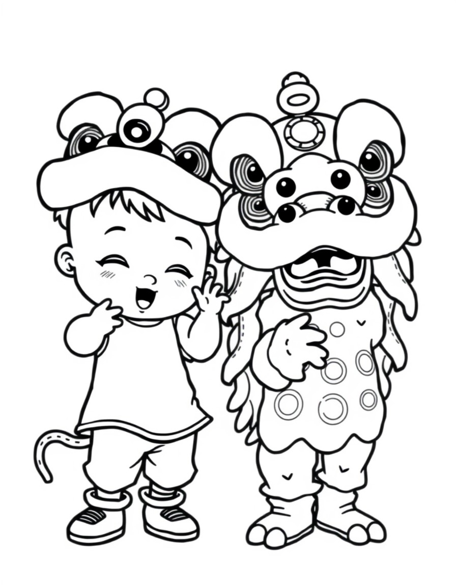 The cool shinchan with cool lion dancing together with thier Hat