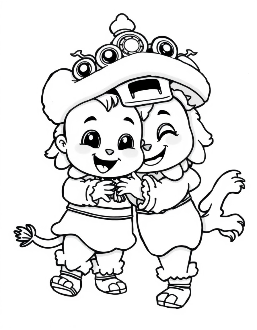 The cool shinchan with cool lion dancing together with thier Hat