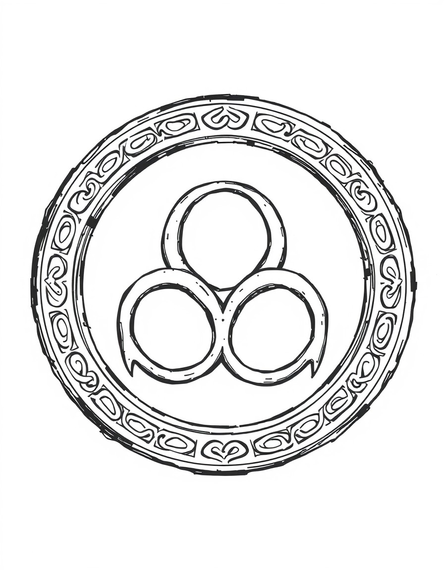 Sketched Art Piece Concept  A bold, high-detail, black and white line art piece featuring an ancient Celtic symbol from the Neolithic era, which is also reminiscent of the Triple Moon symbol from Neop