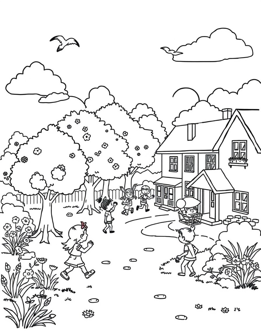 Create a coloring book page in landscape format. It should contain a school yard with playing kids and some trees and birds. It is summer time. It should look like a wimmelbild-scene with lots of deta