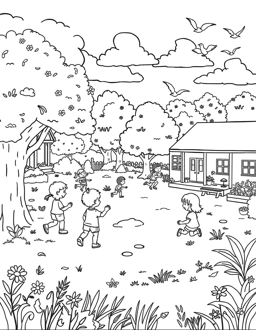 Create a coloring book page in landscape format. It should contain a school yard with playing kids and some trees and birds. It is summer time. It should look like a wimmelbild-scene with lots of deta