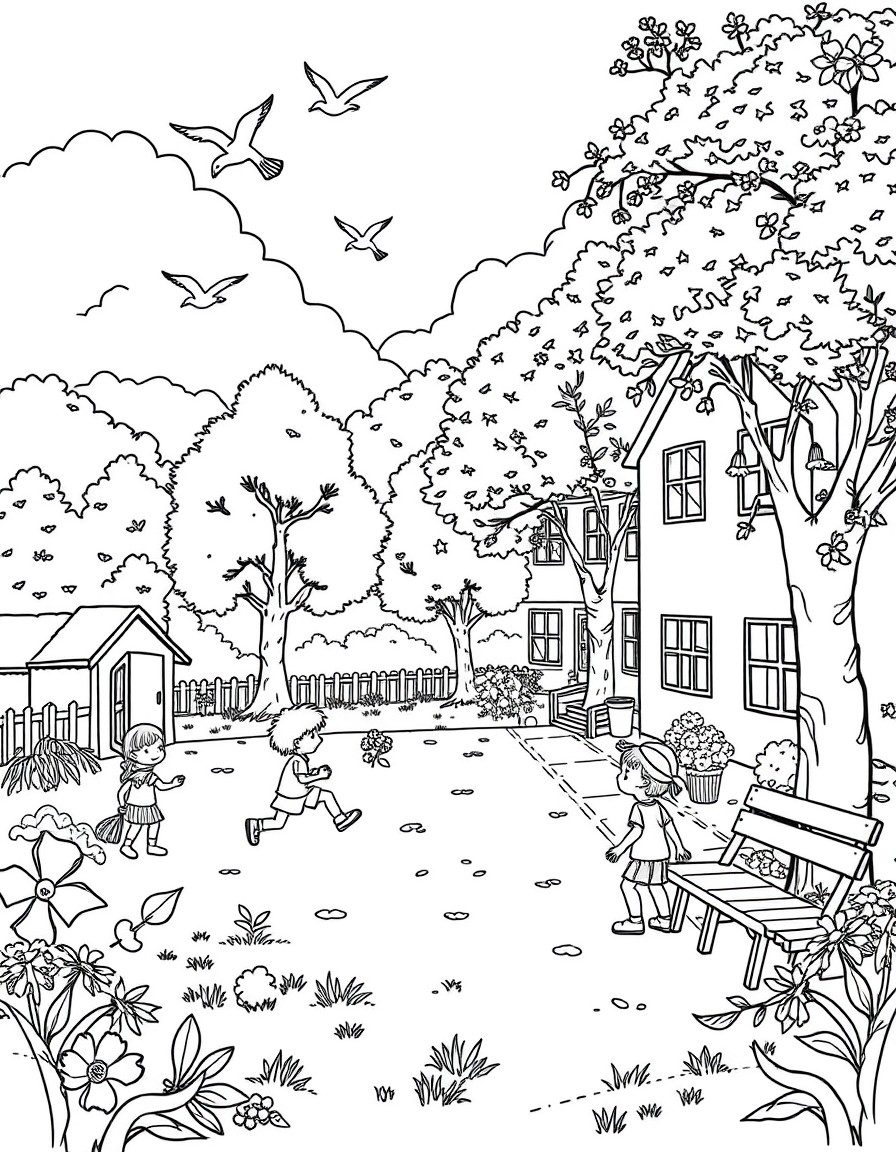 Create a coloring book page in landscape format. It should contain a school yard with playing kids and some trees and birds. It is summer time. It should look like a wimmelbild-scene with lots of deta