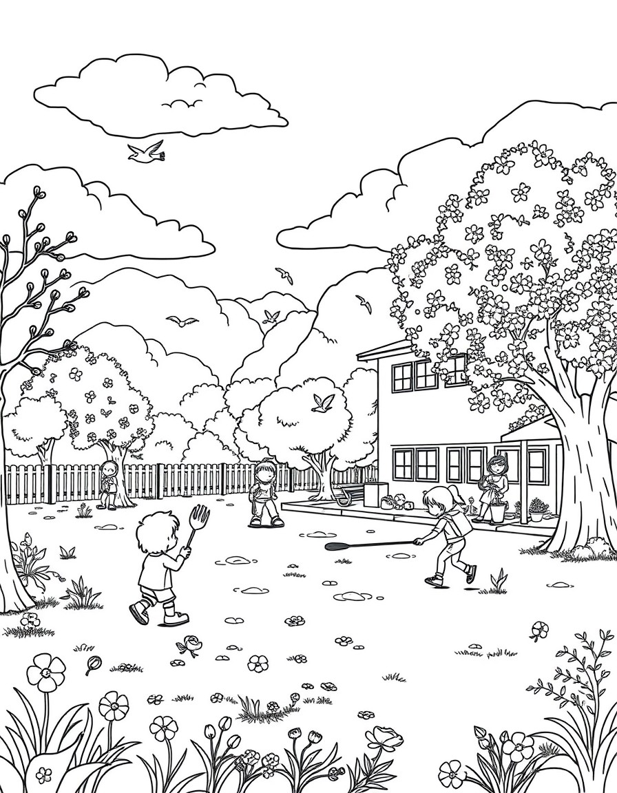 Create a coloring book page in landscape format. It should contain a school yard with playing kids and some trees and birds. It is summer time. It should look like a wimmelbild-scene with lots of deta