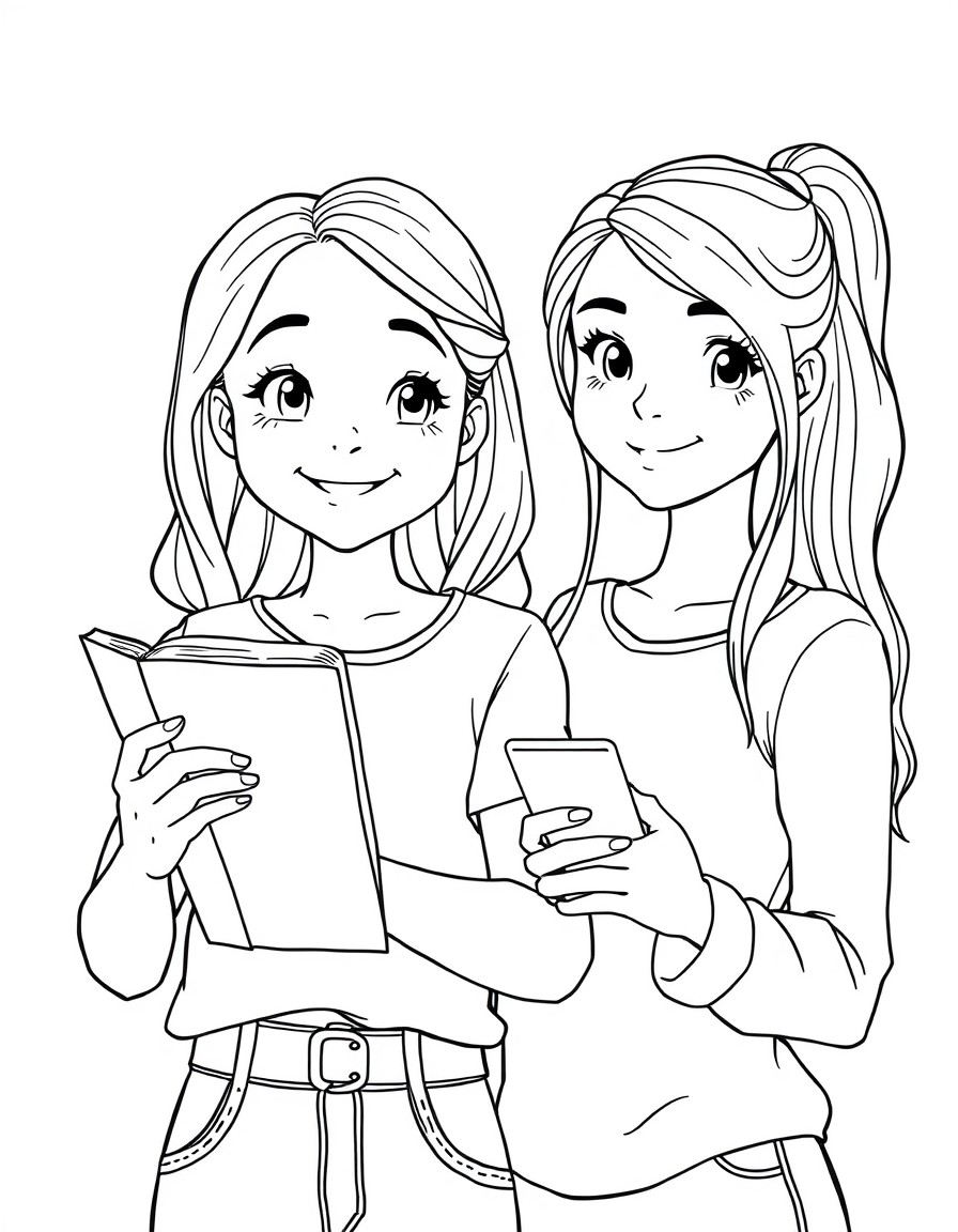a girl holding a book, smiling. next to it, a girl holding smartphone, not smiling. white background.