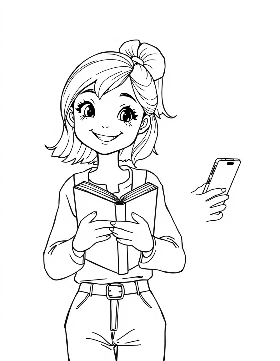 a girl holding a book, smiling. next to it, a girl holding smartphone, not smiling. white background.