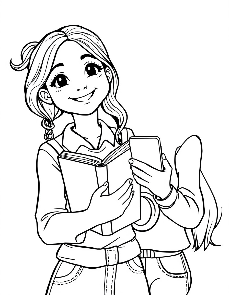 a girl holding a book, smiling. next to it, a girl holding smartphone, not smiling. white background.