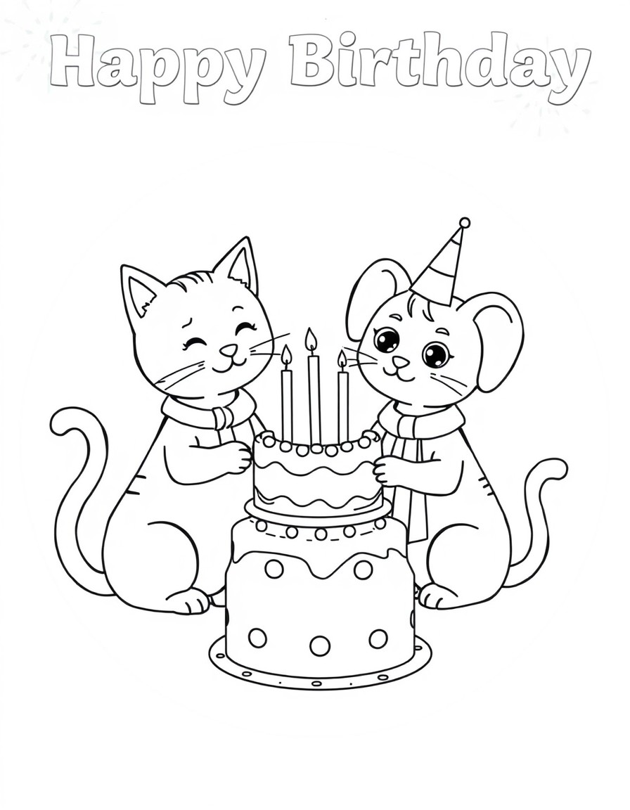 Two cats, one of them has a birthday, and the other one is giving a cake to the birthday cat. Make them clothed of course. Also add an elephant who also has a birthday. Use four candles.