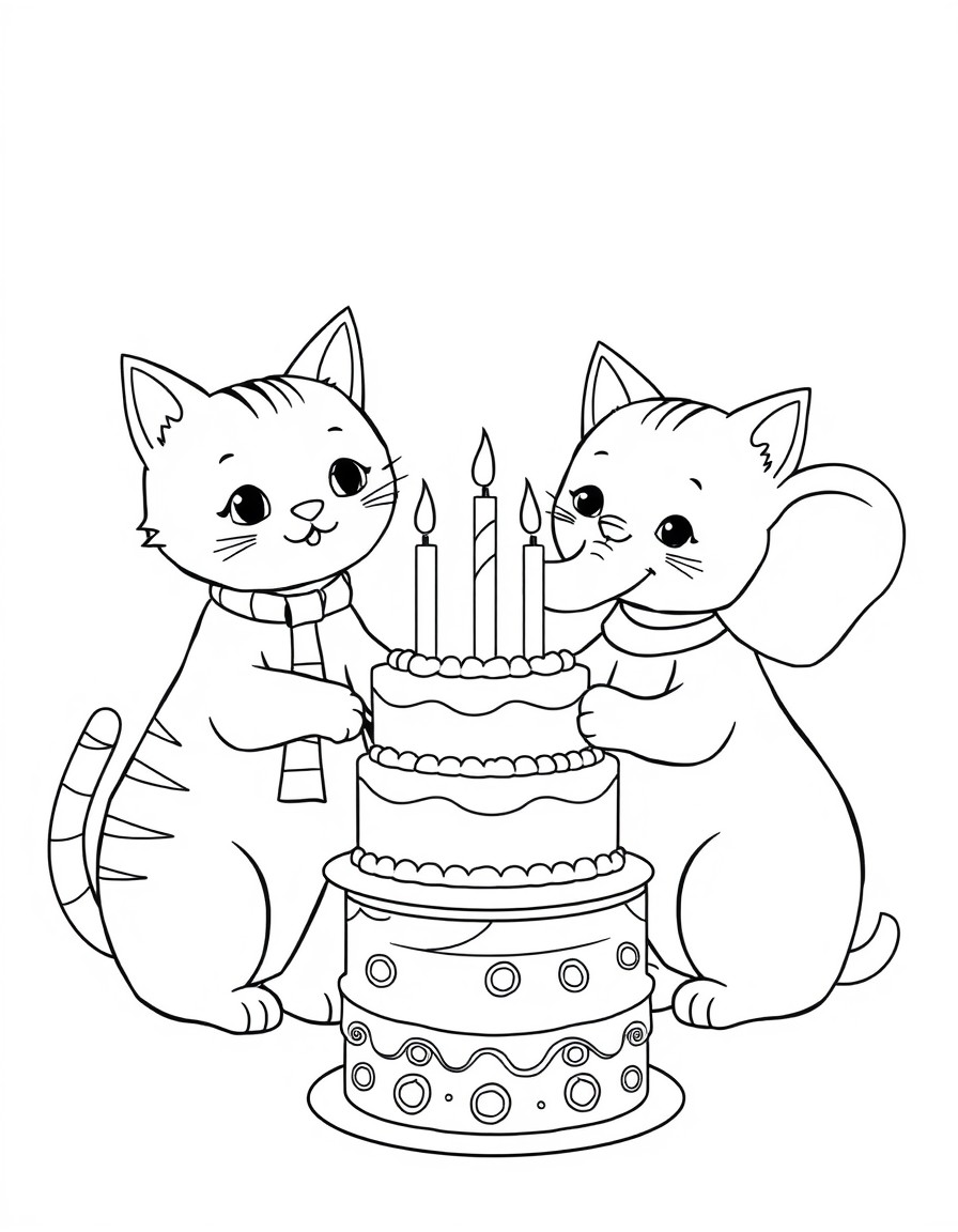 Two cats, one of them has a birthday, and the other one is giving a cake to the birthday cat. Make them clothed of course. Also add an elephant who also has a birthday. Use four candles.