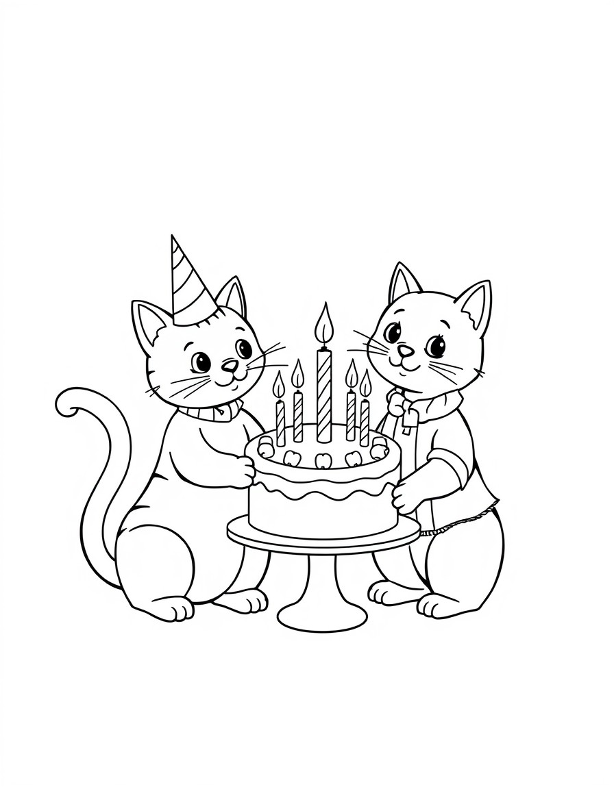 Two cats, one of them has a birthday, and the other one is giving a cake to the birthday cat. Make them clothed of course. Also add an elephant who also has a birthday. Use four candles.