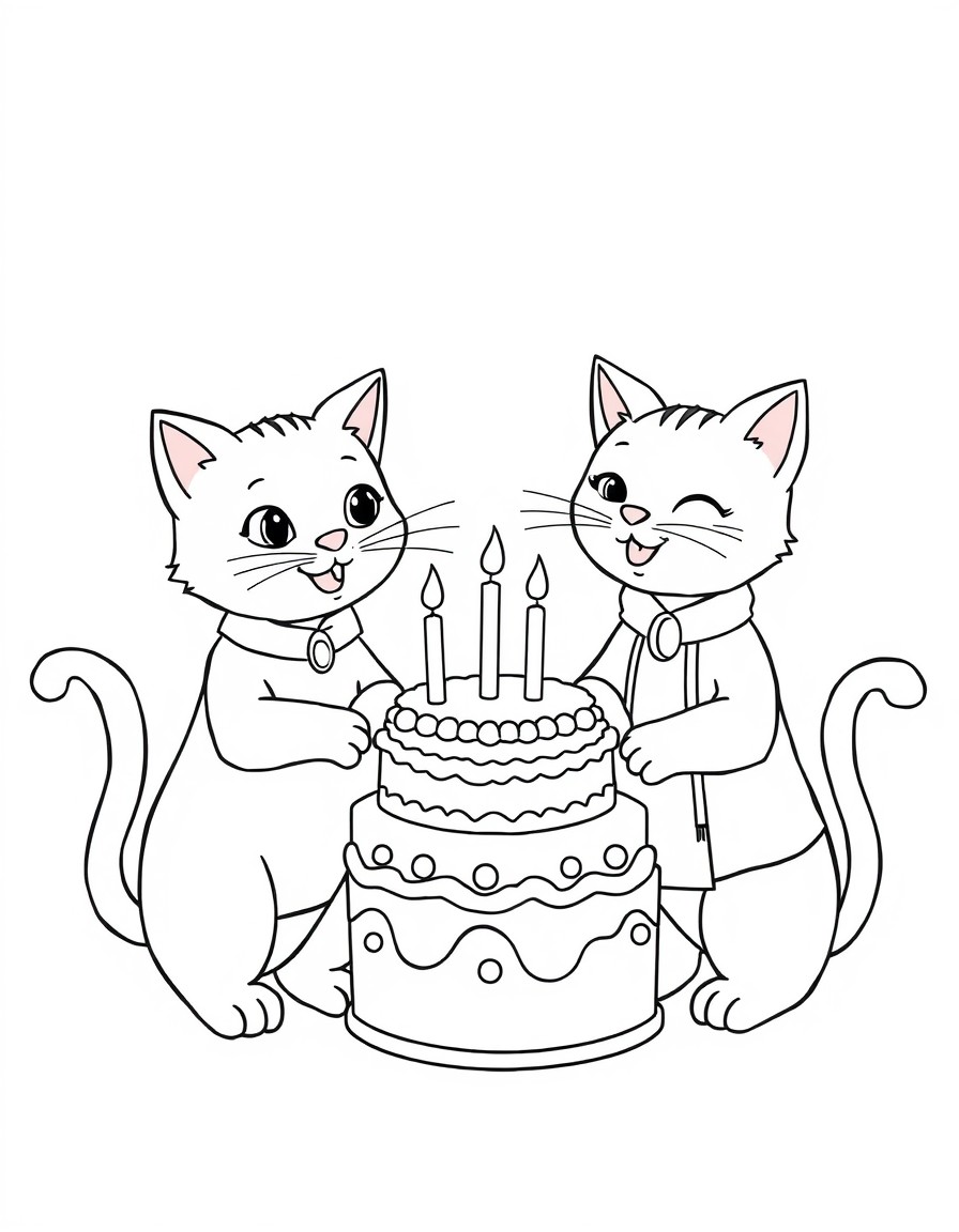 Two cats, one of them has a birthday, and the other one is giving a cake to the birthday cat. Make them clothed of course. Also add an elephant who also has a birthday. Use four candles.