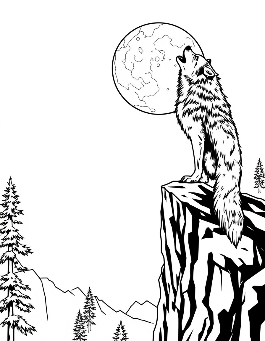 Wolf standing on the edge of a cliff howling at a moon that is shaped like an Indian chief