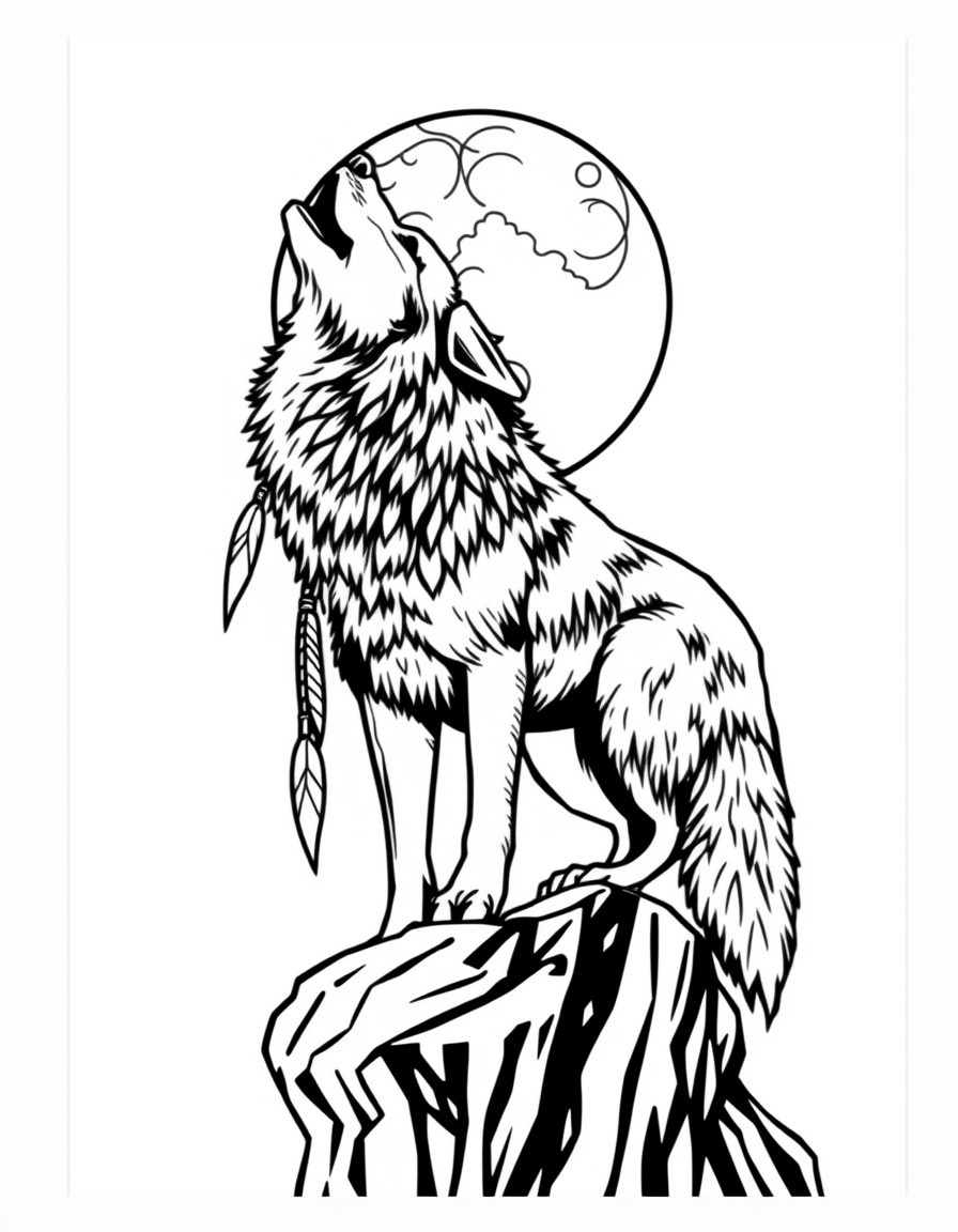 Wolf standing on the edge of a cliff howling at a moon that is shaped like an Indian chief
