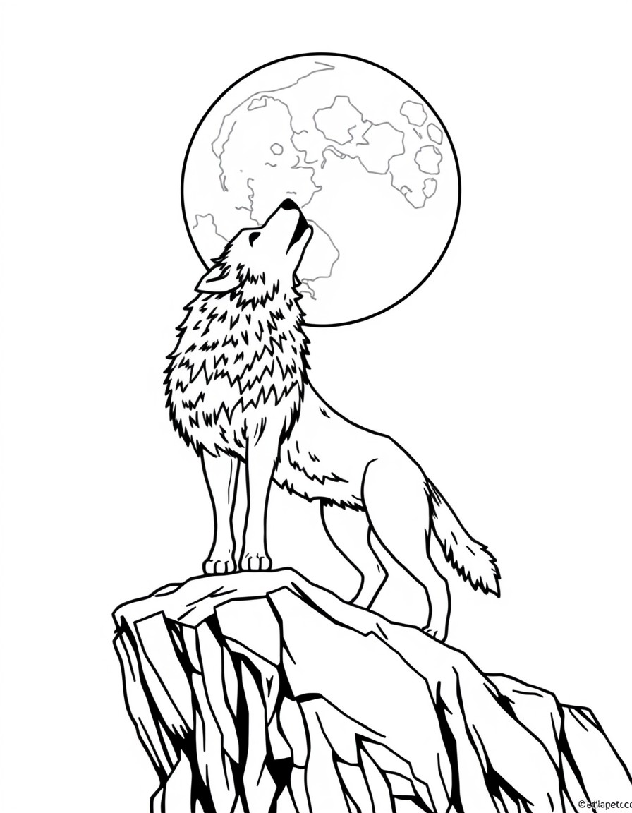 Wolf standing on the edge of a cliff howling at a moon that is shaped like an Indian chief