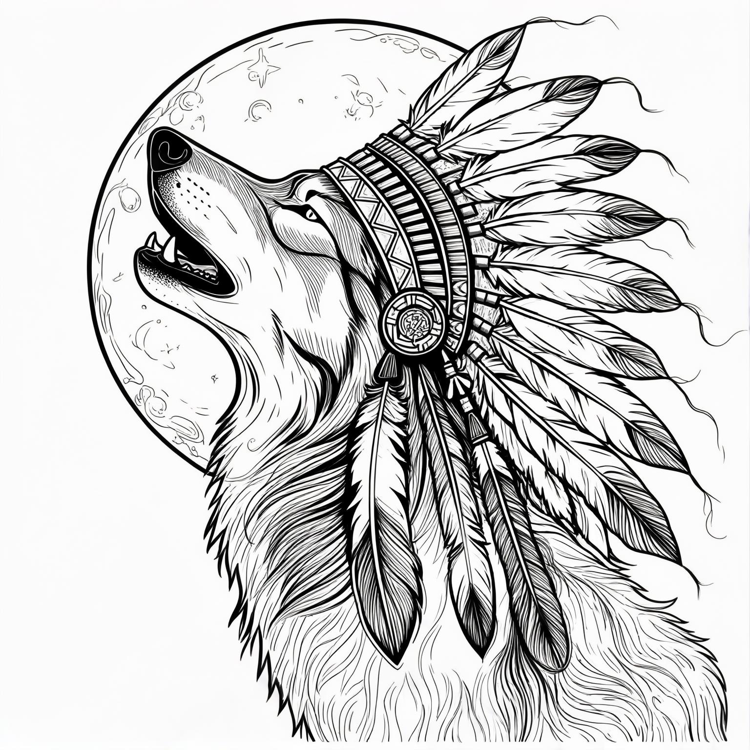 Wolf howling at the moon moon is in the shape of a native American chief male with headdress