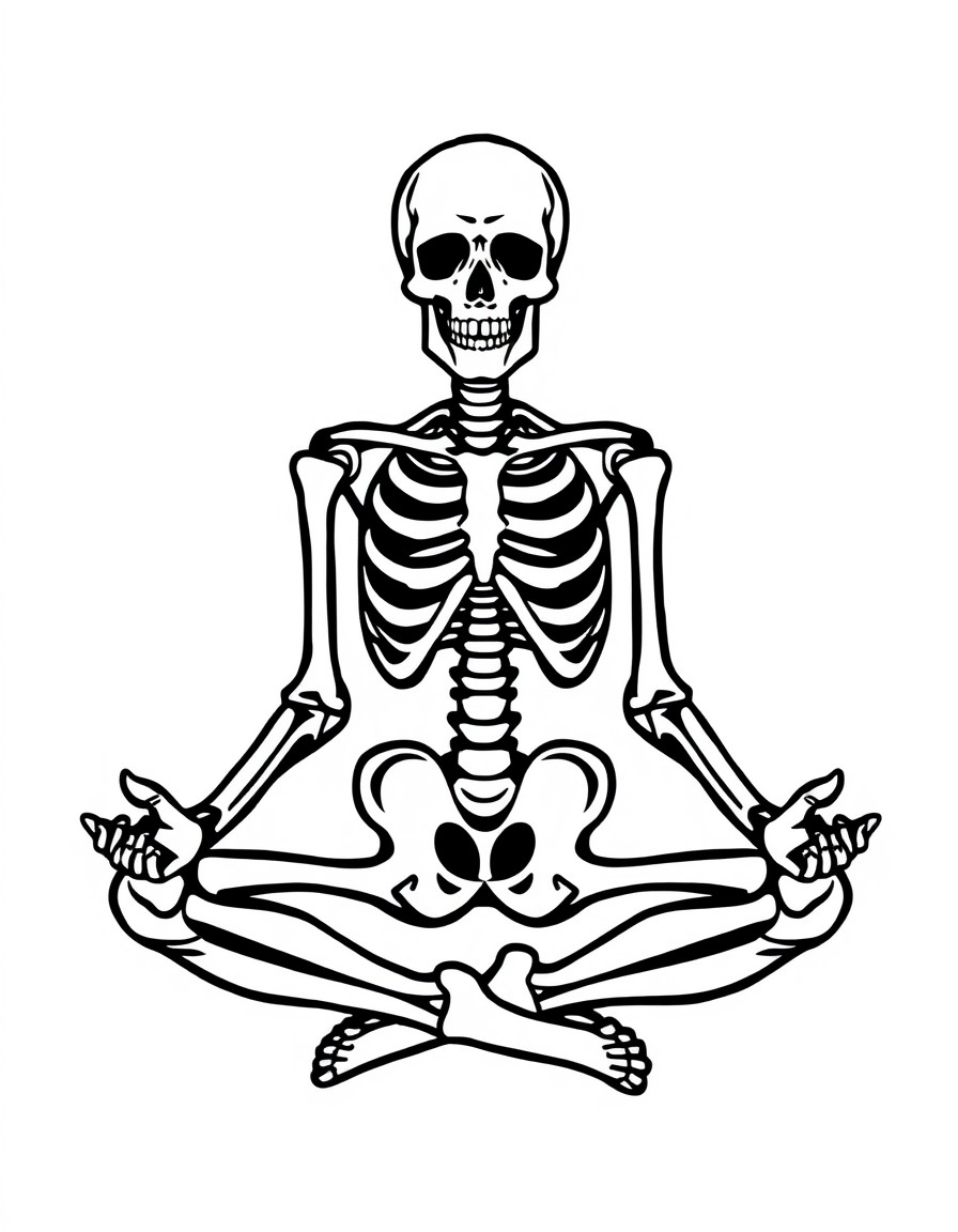 A black and white graphic design featuring a skeleton in a seated, meditative pose. The skeleton is centered in the image, positioned in a lotus or similar seated yoga pose. The skeleton's arms are be