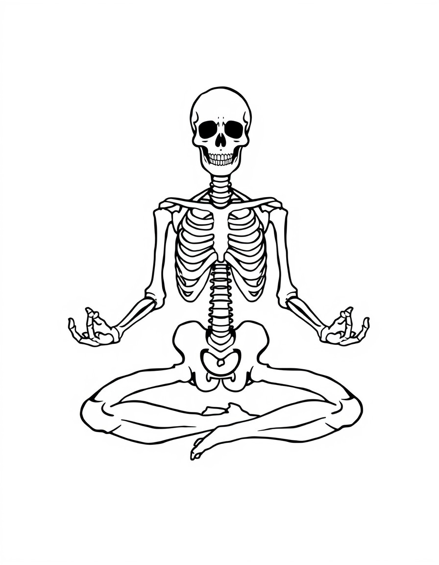 A black and white graphic design featuring a skeleton in a seated, meditative pose. The skeleton is centered in the image, positioned in a lotus or similar seated yoga pose. The skeleton's arms are be