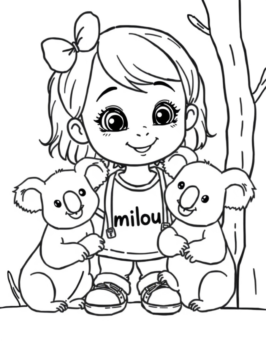 Cute 5 year old girl with the name milou on her shirt taking care of 3 koala's in a zoo.