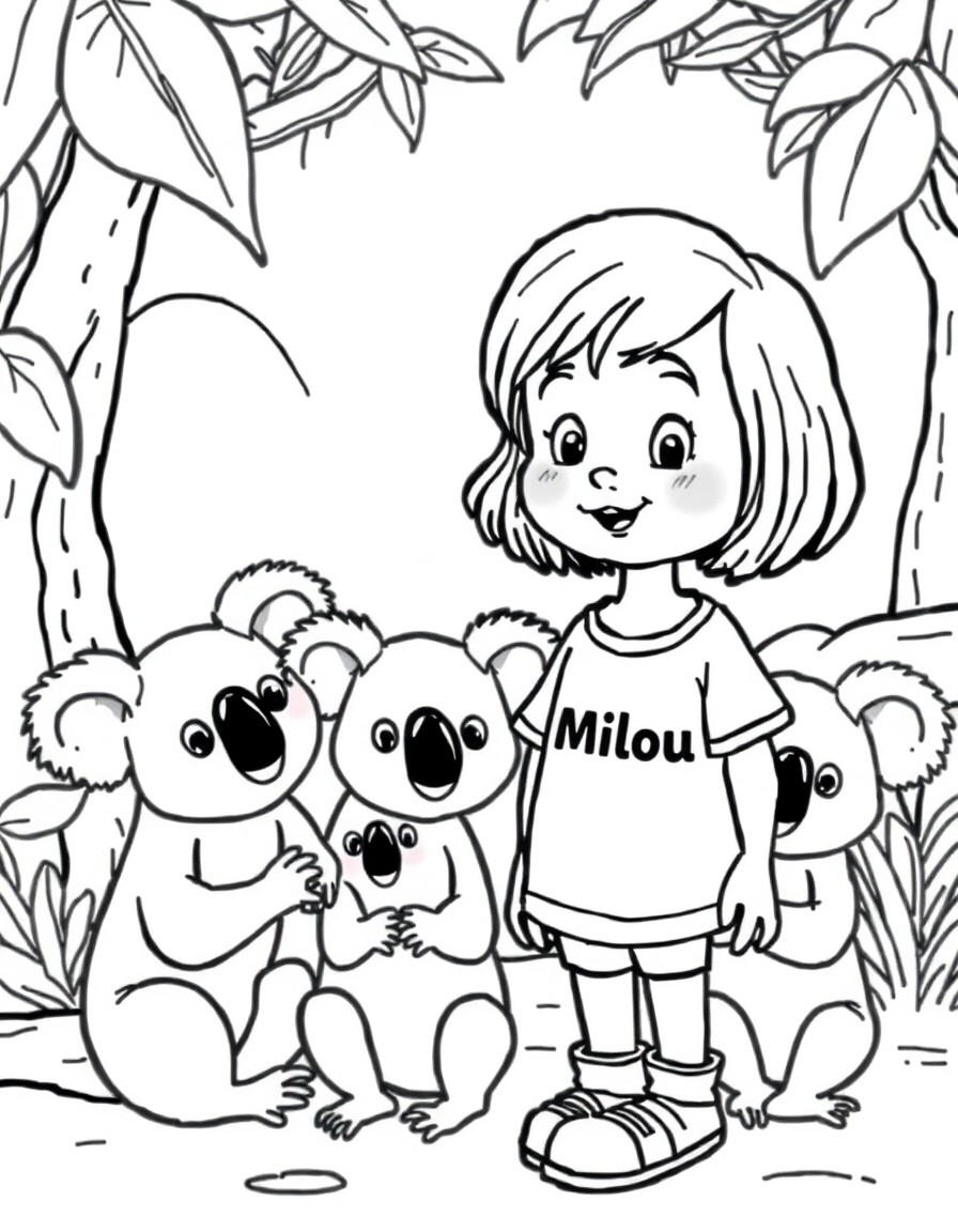 Cute 5 year old girl with the name milou on her shirt taking care of 3 koala's in a zoo.