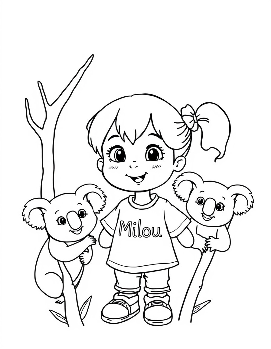 Cute 5 year old girl with the name milou on her shirt taking care of 3 koala's in a zoo.