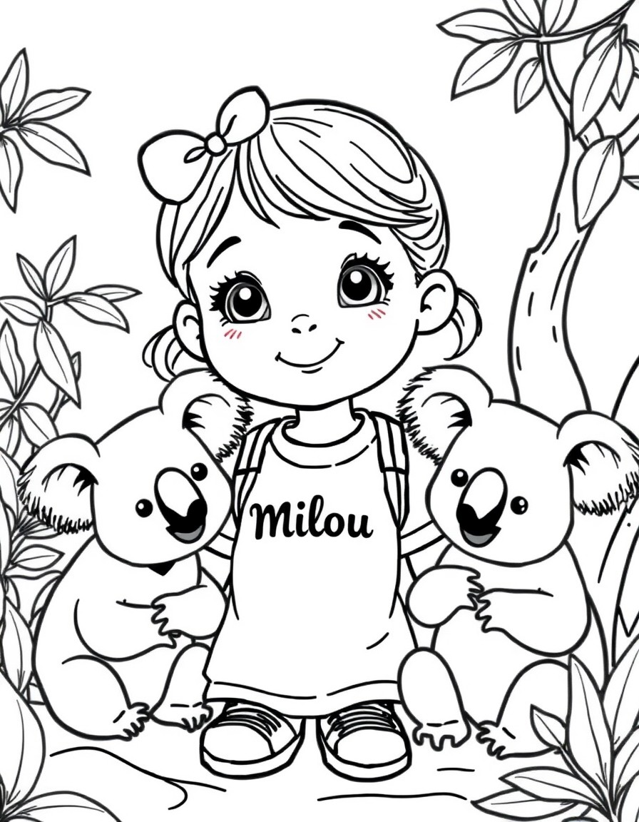 Cute 5 year old girl with the name milou on her shirt taking care of 3 koala's in a zoo.