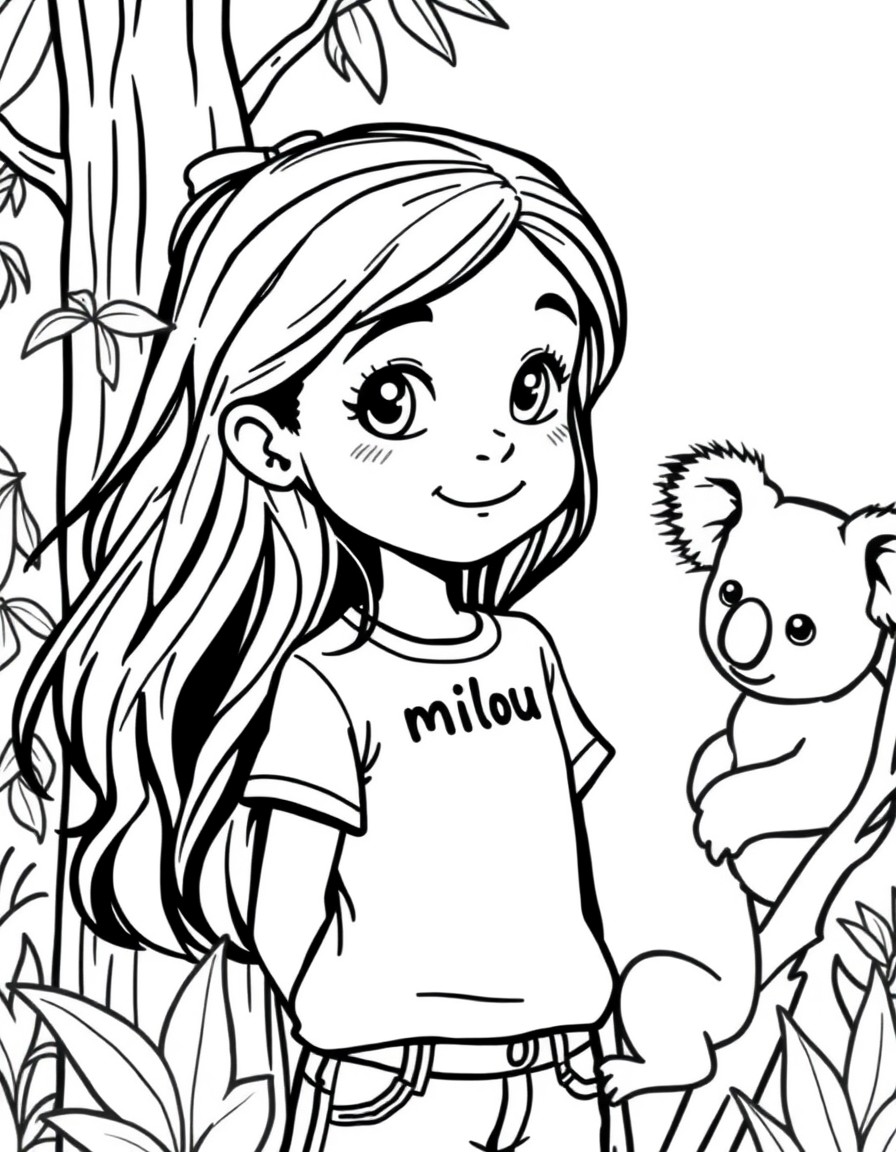 Cute 8 year old girl with long hair with the name milou on her shirt in the zoo taking care of koalas.