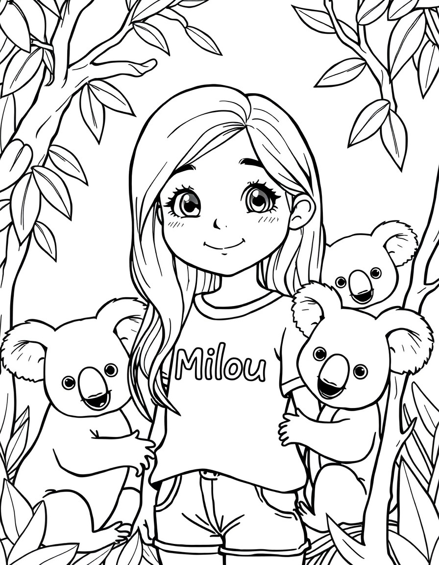 Cute 8 year old girl with long hair with the name milou on her shirt in the zoo taking care of koalas.