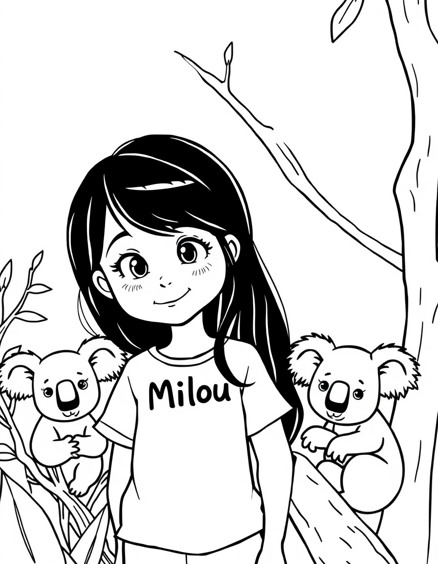 Cute 8 year old girl with long hair with the name milou on her shirt in the zoo taking care of koalas.