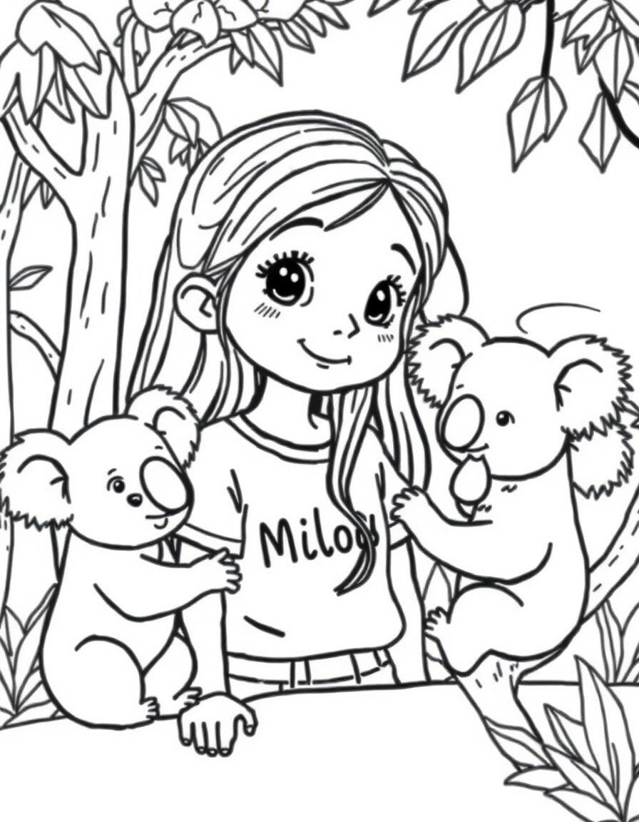 Cute 8 year old girl with long hair with the name milou on her shirt in the zoo taking care of koalas.