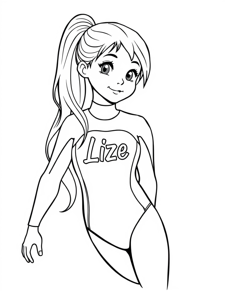 A girl with long blond hair in a ponytail wearing a wetsuit with the name 'Lize' on it. Training with dolphins