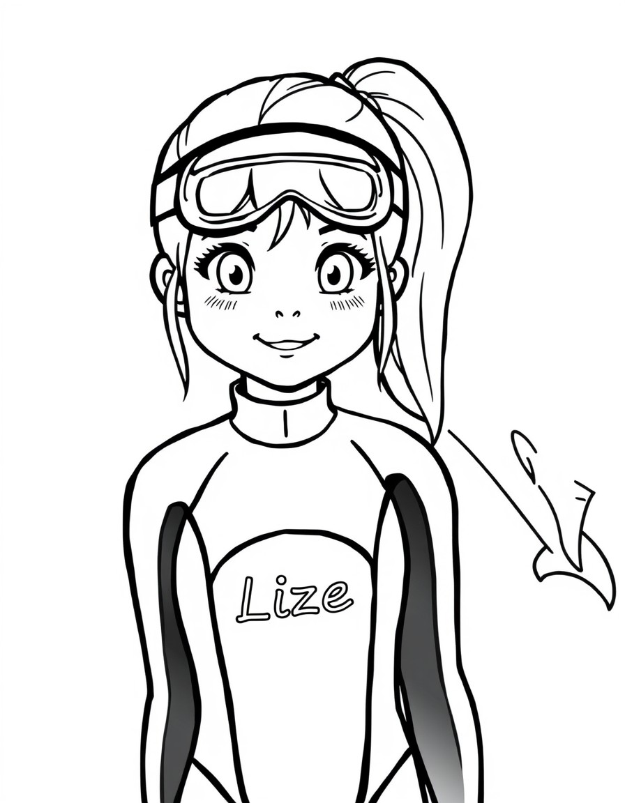 A girl with long blond hair in a ponytail wearing a wetsuit with the name 'Lize' on it. Training with dolphins