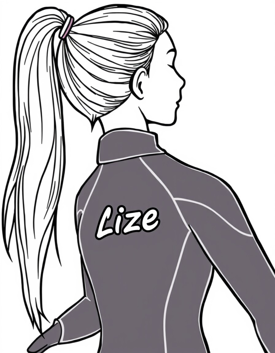 A girl with long blond hair in a ponytail wearing a wetsuit with the name 'Lize' on it. Training with dolphins