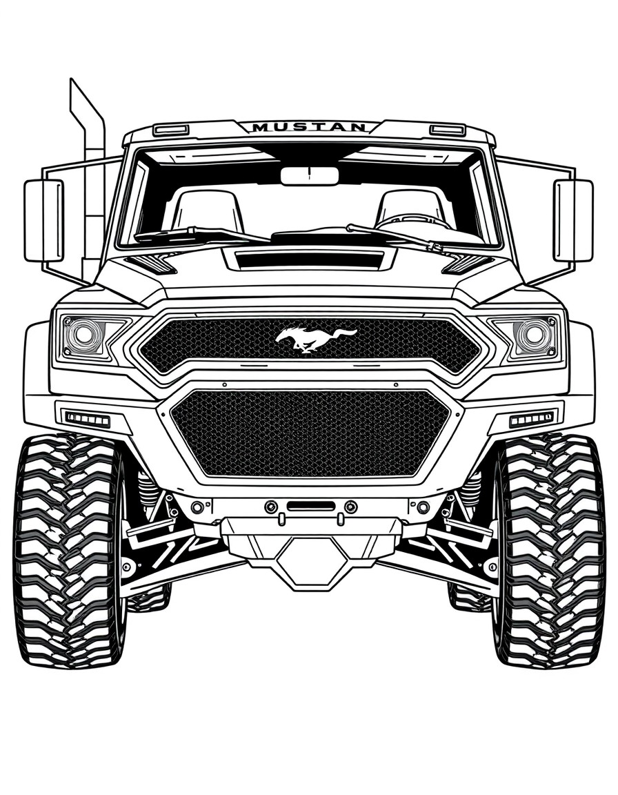 a clean sharp manga image of a high-quality custom extremely mega wide body futuristic mustang 4x4 truck, le mans hypertruck semi hotrod,highly detailed,wide fender flares,elements of transam,sema sho