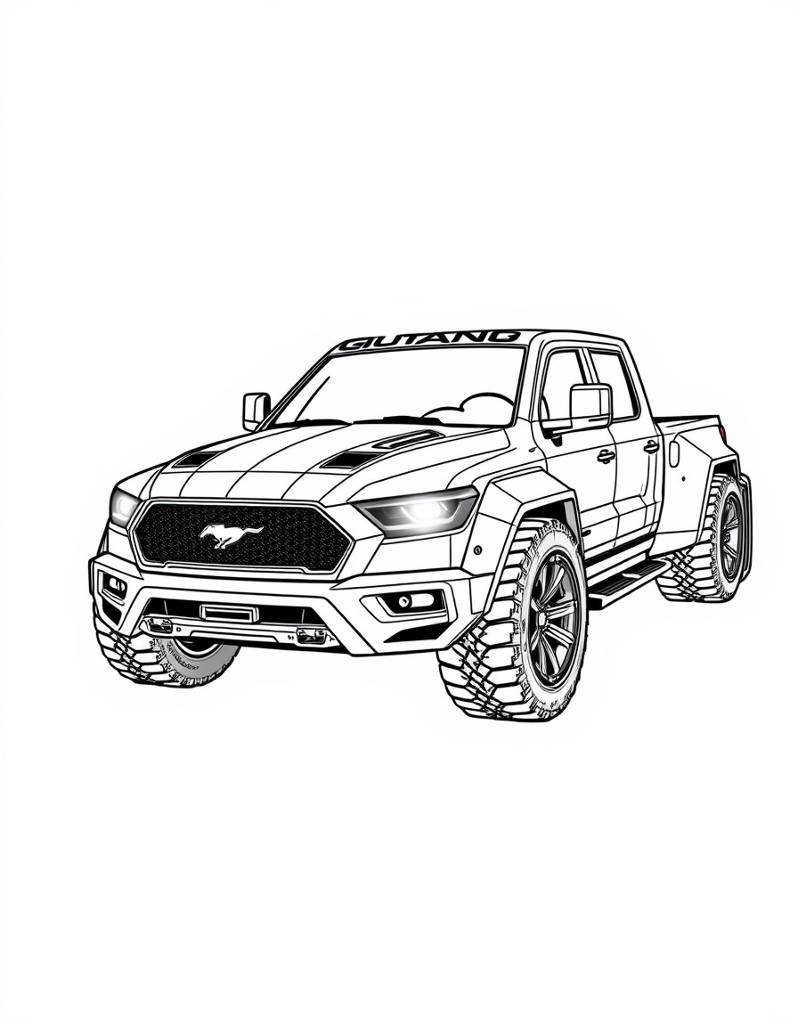 a clean sharp manga image of a high-quality custom extremely mega wide body futuristic mustang 4x4 truck, le mans hypertruck semi hotrod,highly detailed,wide fender flares,elements of transam,sema sho